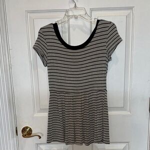Monteau. Striped V-Neck Peplum Top in Gray and Black. Skirt is pleated